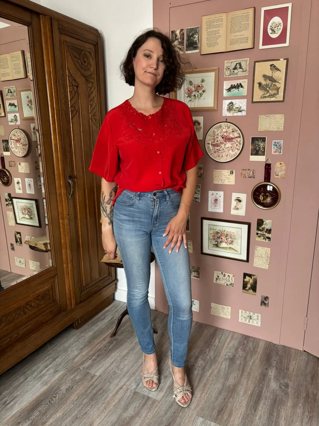 Blouse rouge détail dentelle – T. 42/44 – Vintage années 80/90