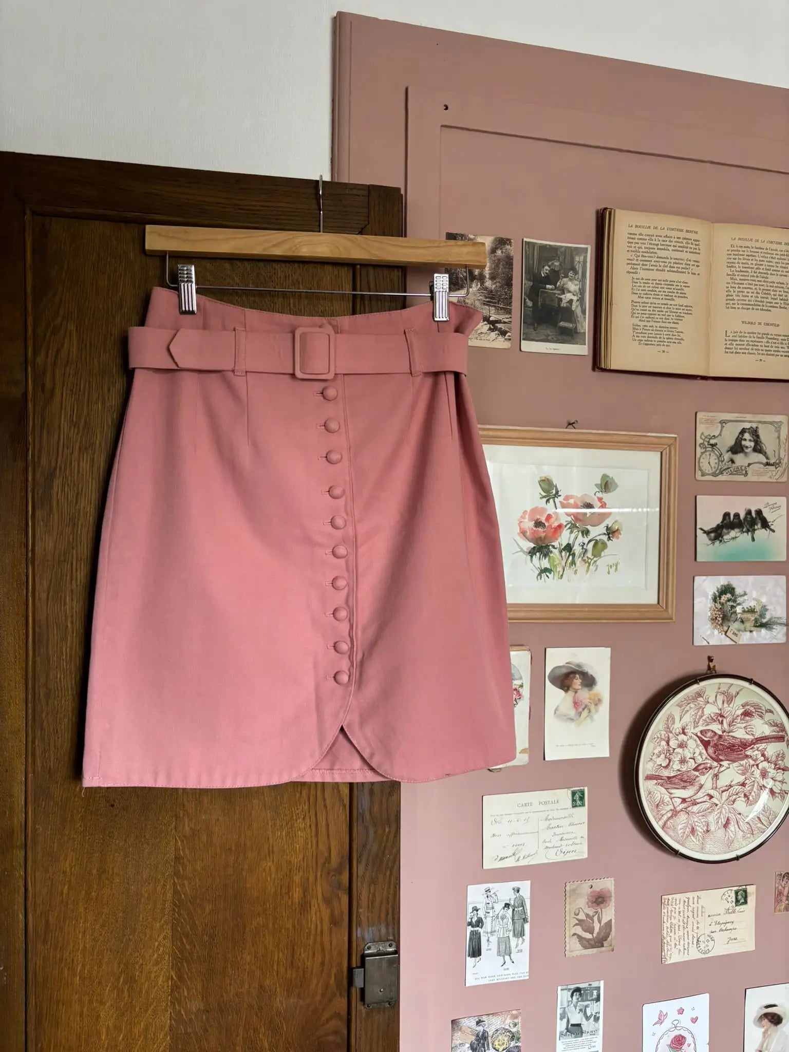 Jupe taille haute vieux rose à ceinture – T.36/Petit 38 – Vintage années 90