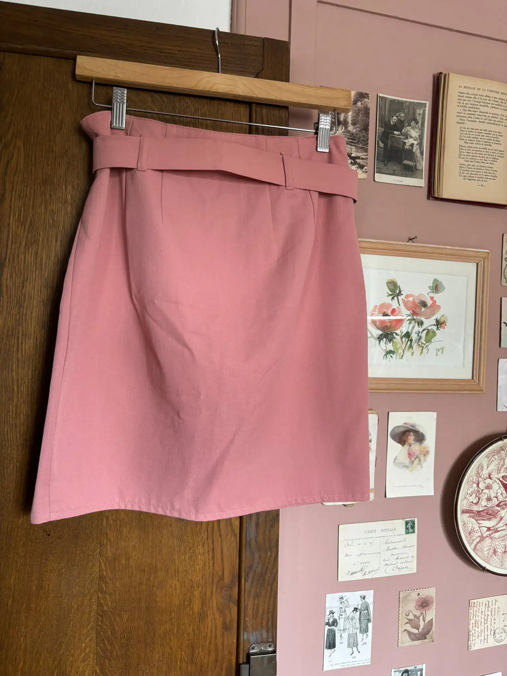 Jupe taille haute vieux rose à ceinture – T.36/Petit 38 – Vintage années 90