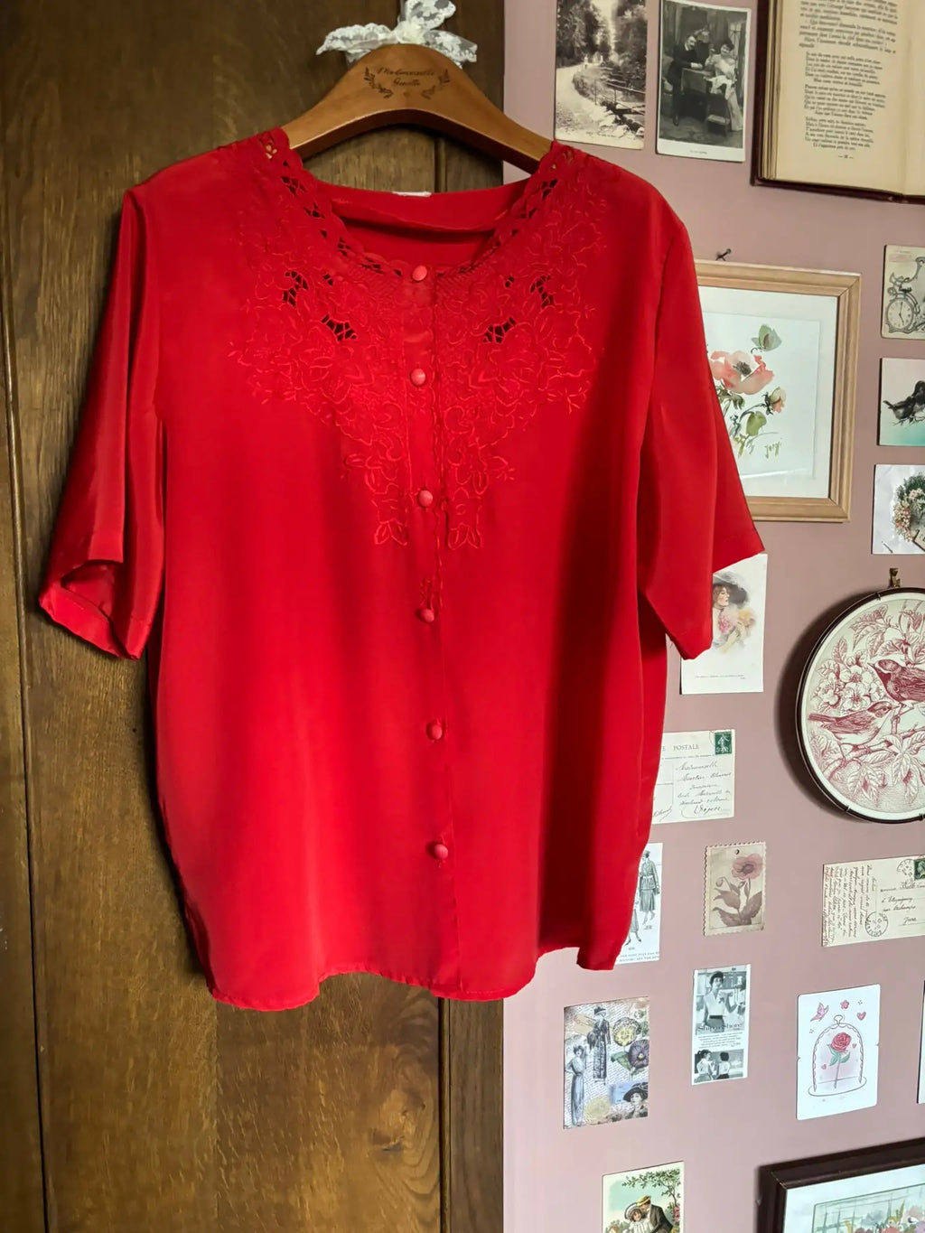Blouse rouge détail dentelle – T. 42/44 – Vintage années 80/90