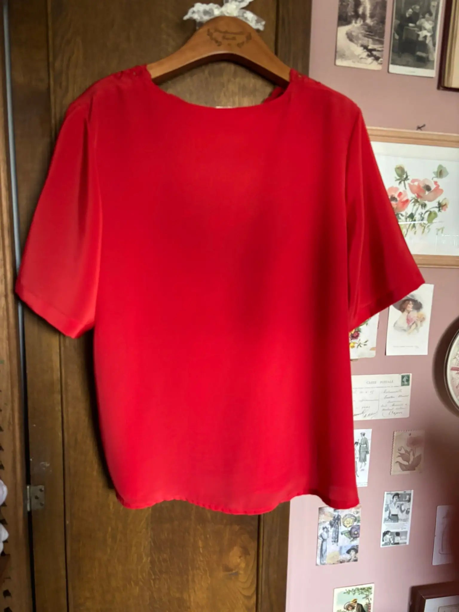 Blouse rouge détail dentelle – T. 42/44 – Vintage années 80/90