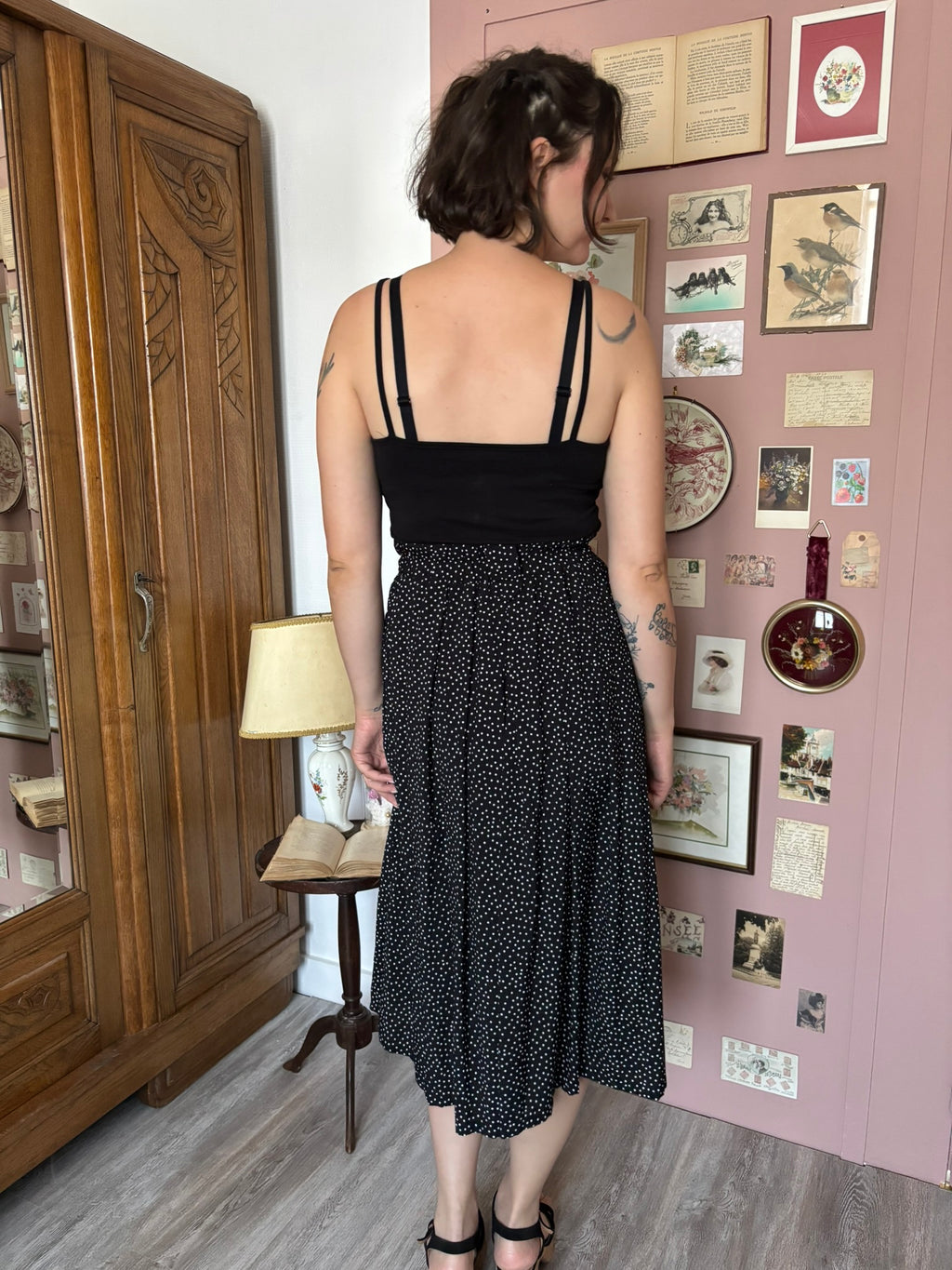 Jupe patineuse à pois noirs & blancs – T. 36/38 – Vintage années 80/90