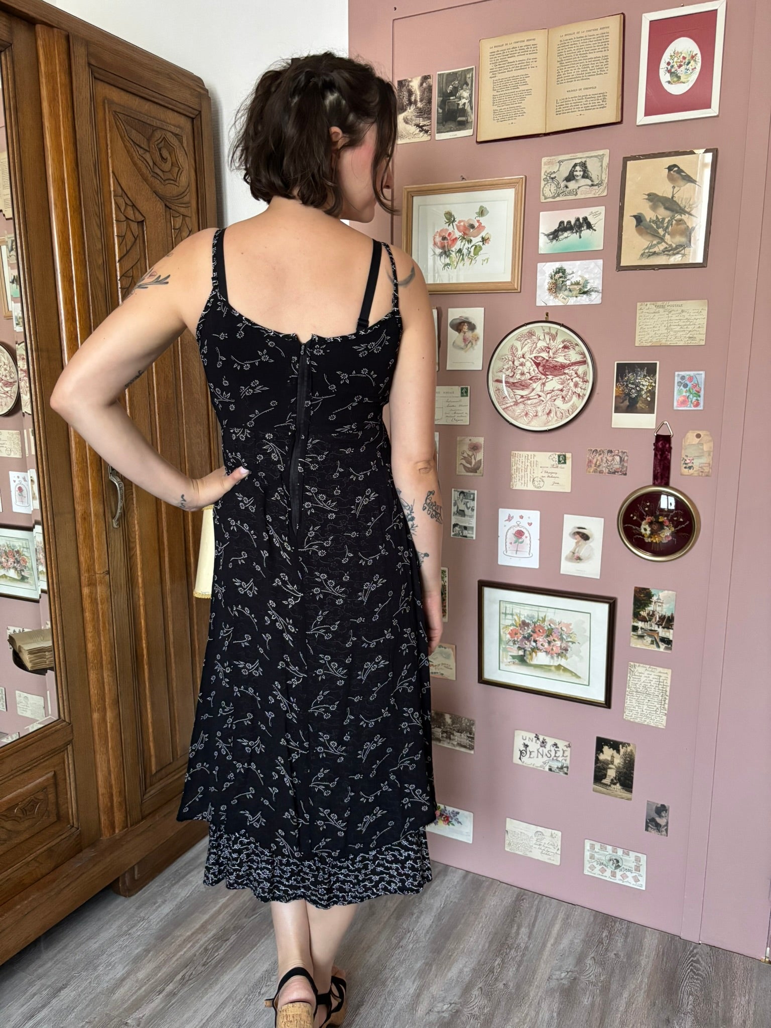Robe midi noire fleurie – T.36 / petit 38 – Années 90/2000