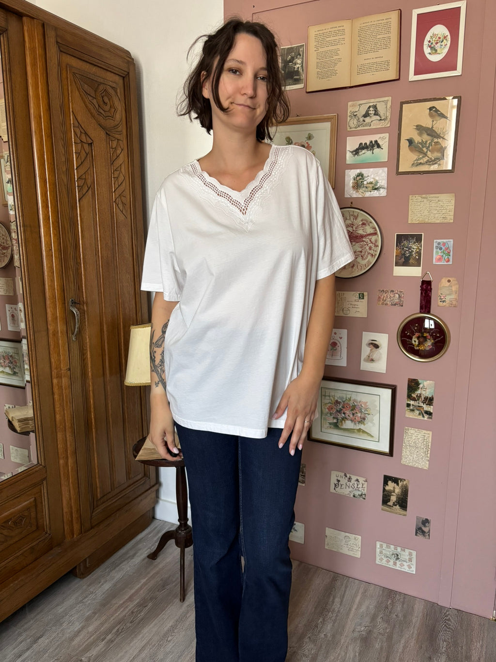 T-shirt vintage blanc brodé Afibel – T.54/56 – Années 90/2000