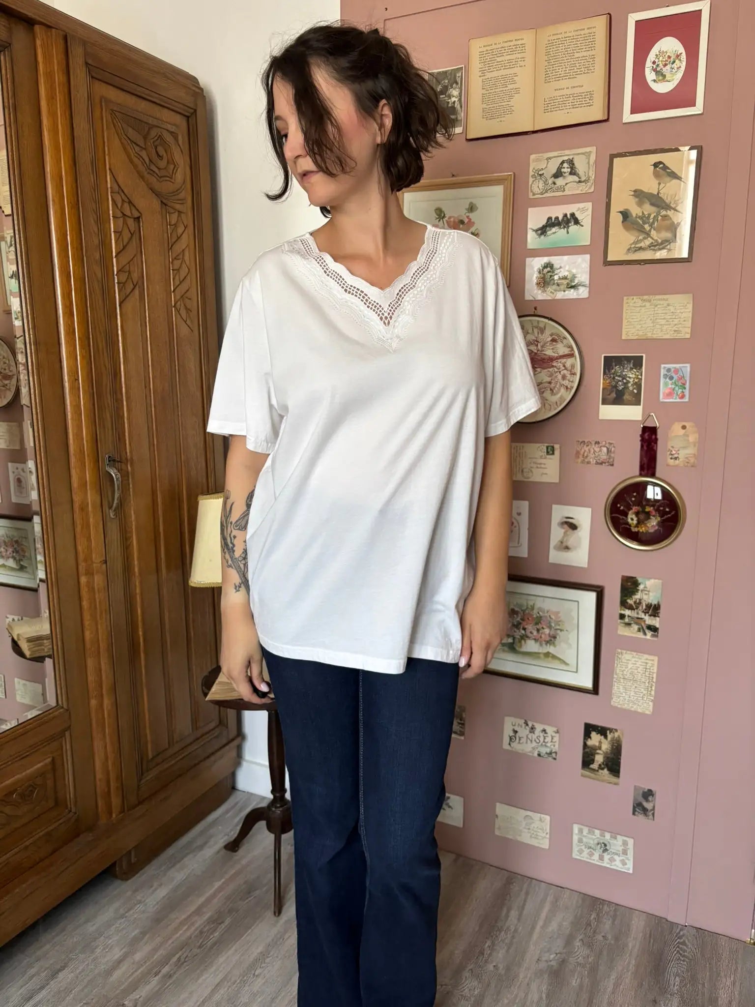 T-shirt vintage blanc brodé Afibel – T.54/56 – Années 90/2000