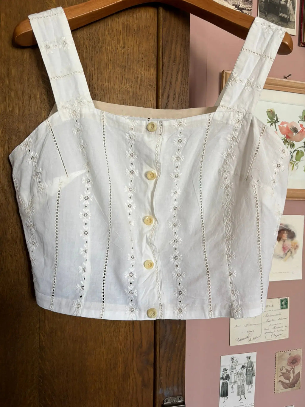Crop top vintage en broderie anglaise –Cousu main-  T.36 – Années 70/80
