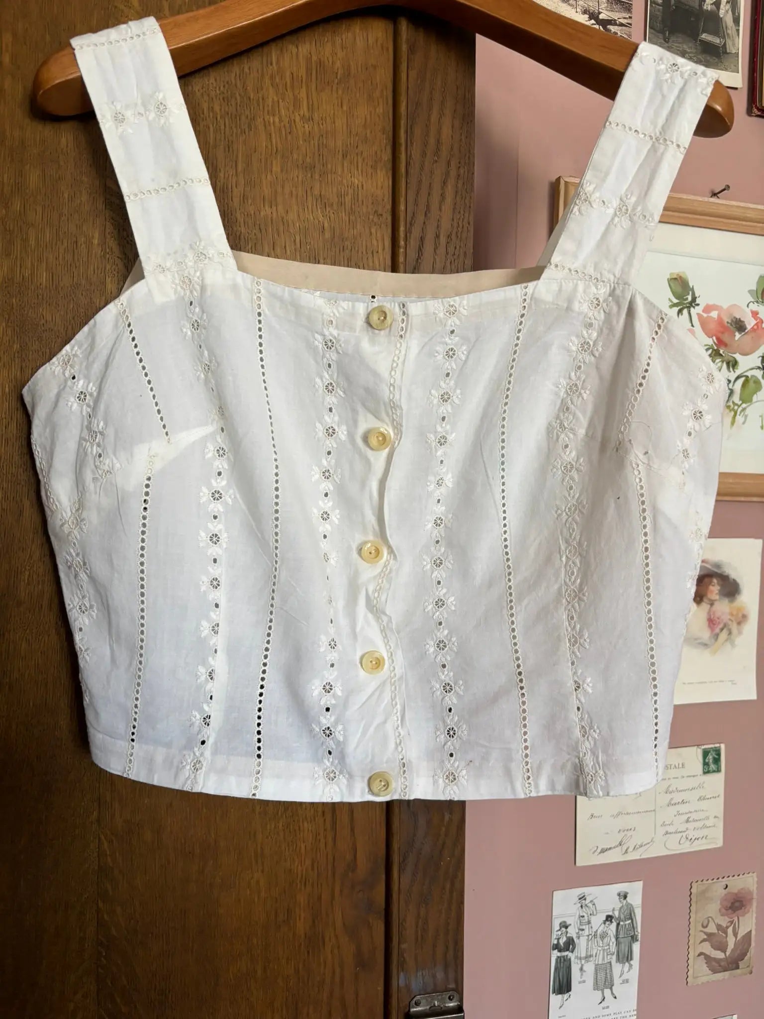 Crop top vintage en broderie anglaise –Cousu main-  T.36 – Années 70/80