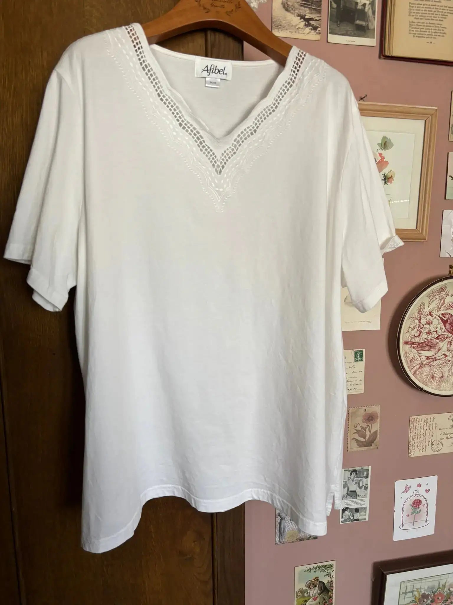 T-shirt vintage blanc brodé Afibel – T.54/56 – Années 90/2000