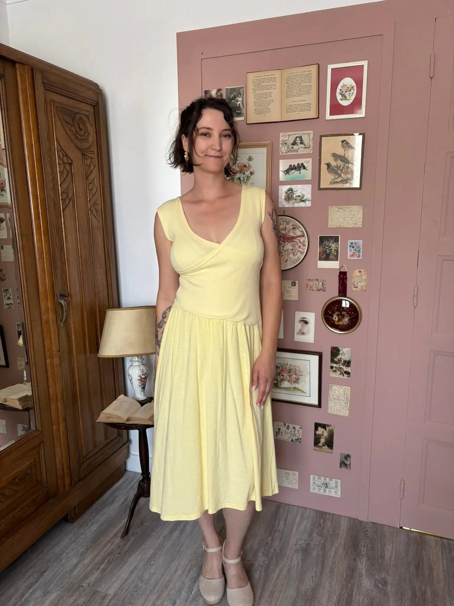 Robe midi jaune pastel en coton – De Waele - T.36/38 Années 80/90