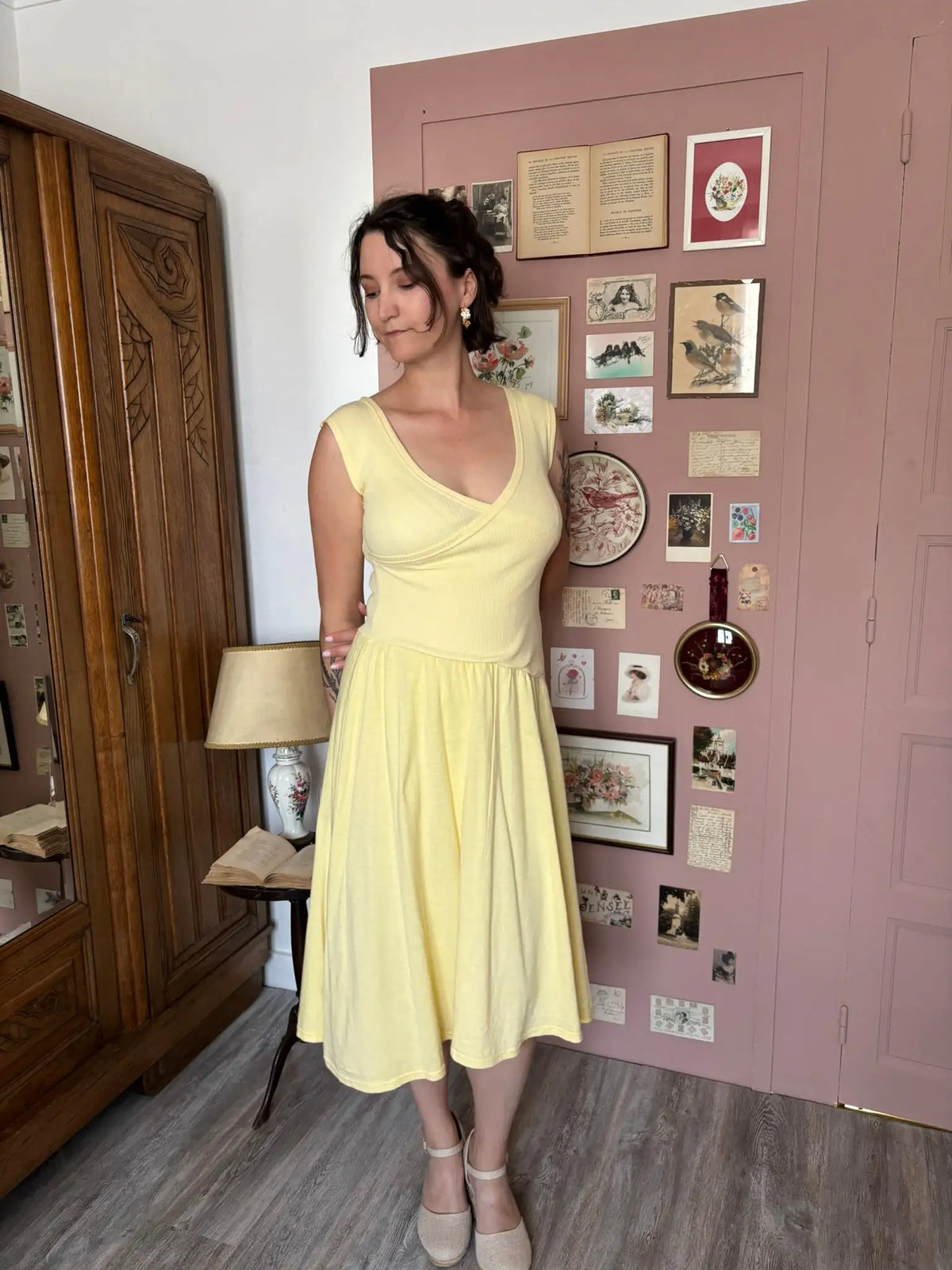 Robe midi jaune pastel en coton – De Waele - T.36/38 Années 80/90