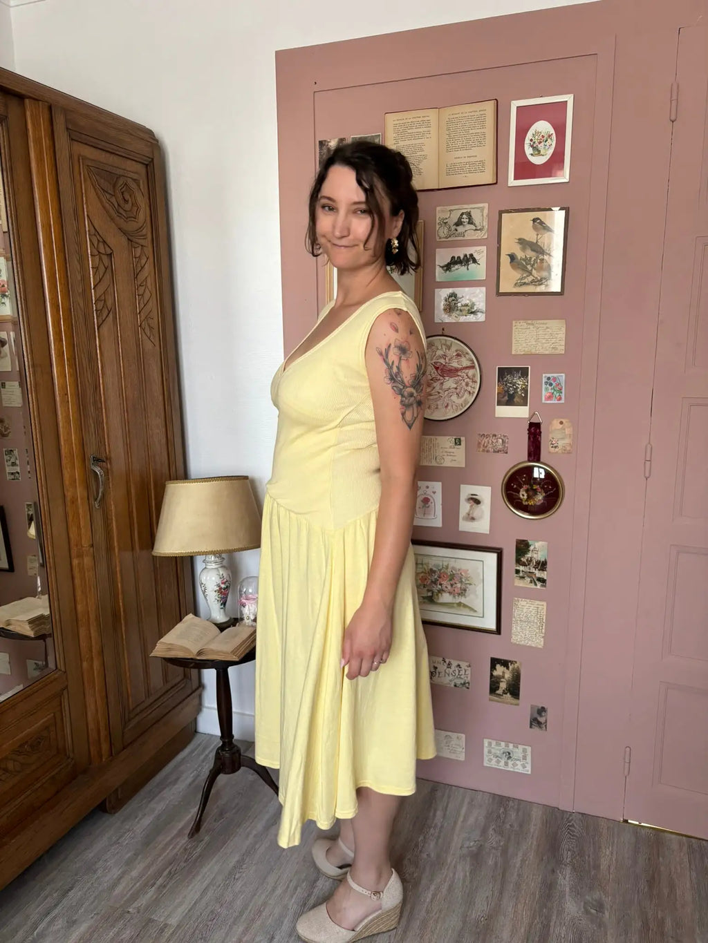 Robe midi jaune pastel en coton – De Waele - T.36/38 Années 80/90