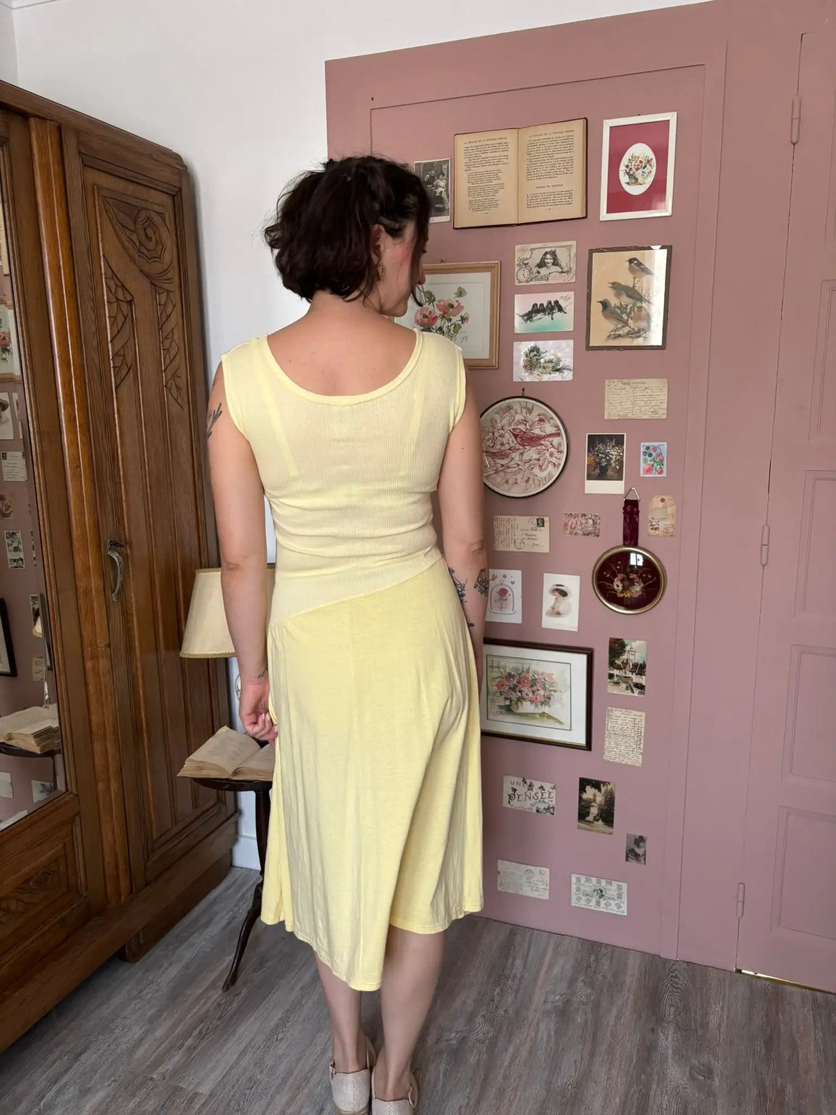 Robe midi jaune pastel en coton – De Waele - T.36/38 Années 80/90