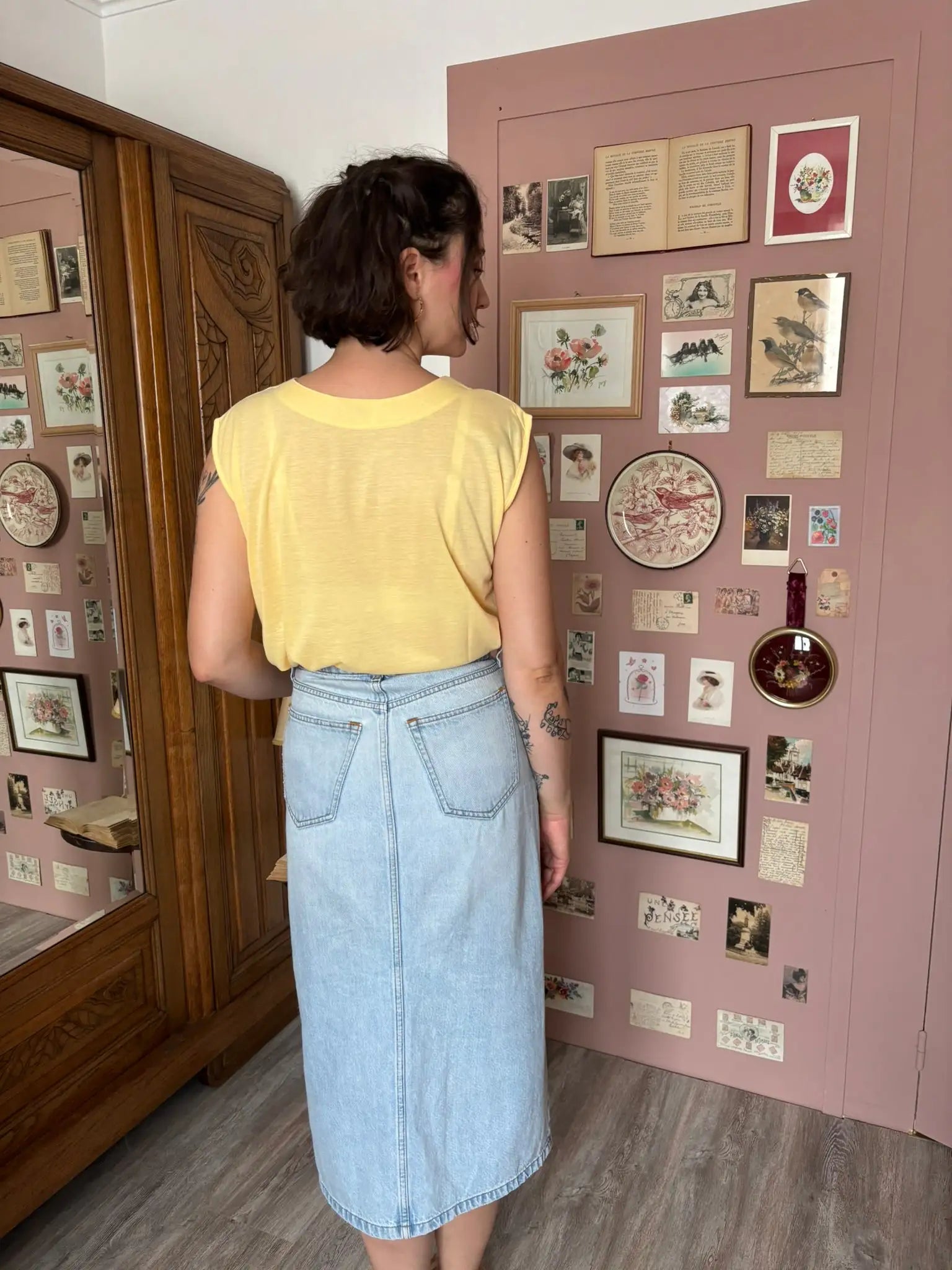 Débardeur vintage jaune pastel brodé - T.42/44- Années 2000