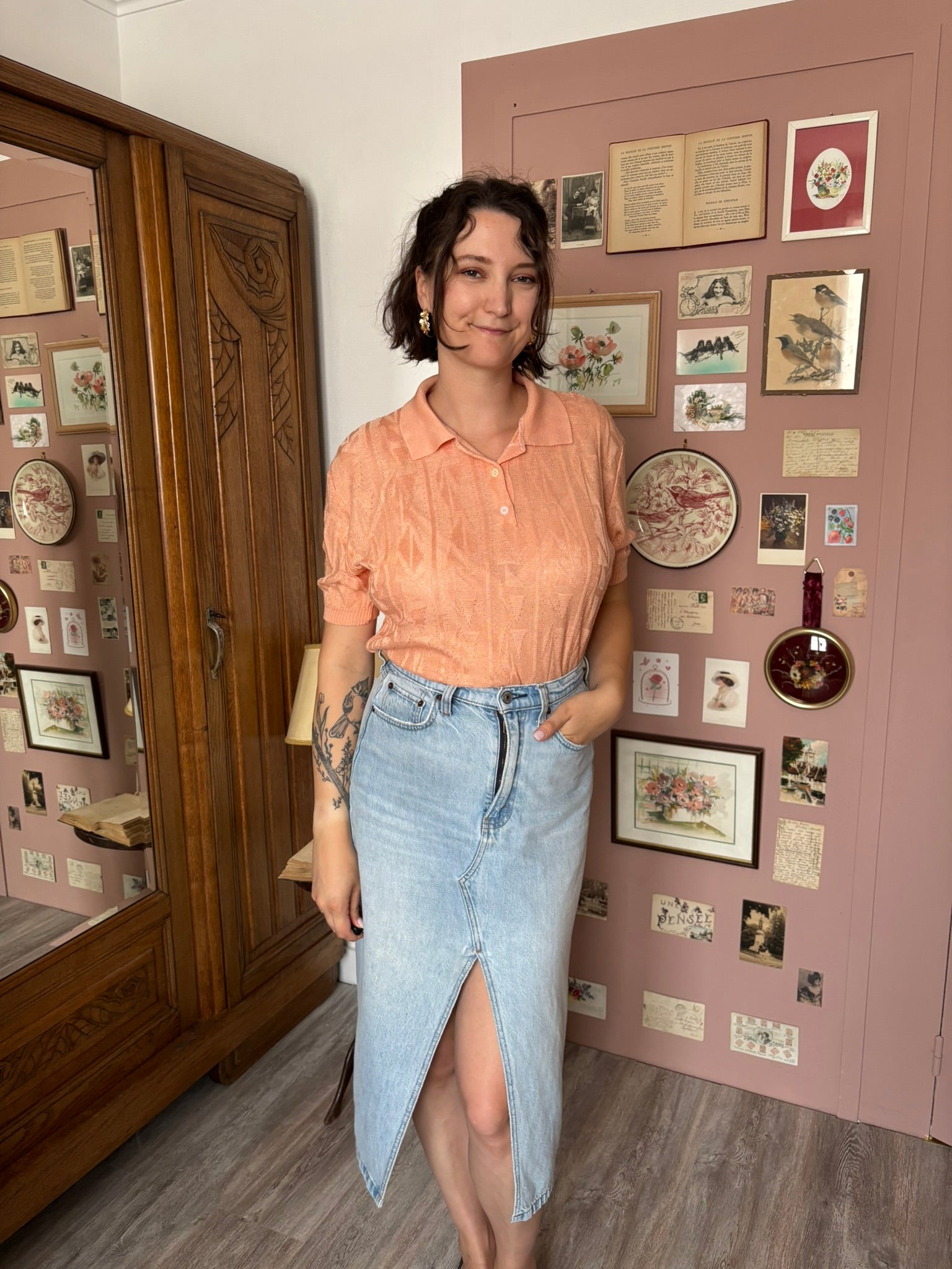 Vintage peach open knit polo shirt - Size 40/42 - 80s/90s