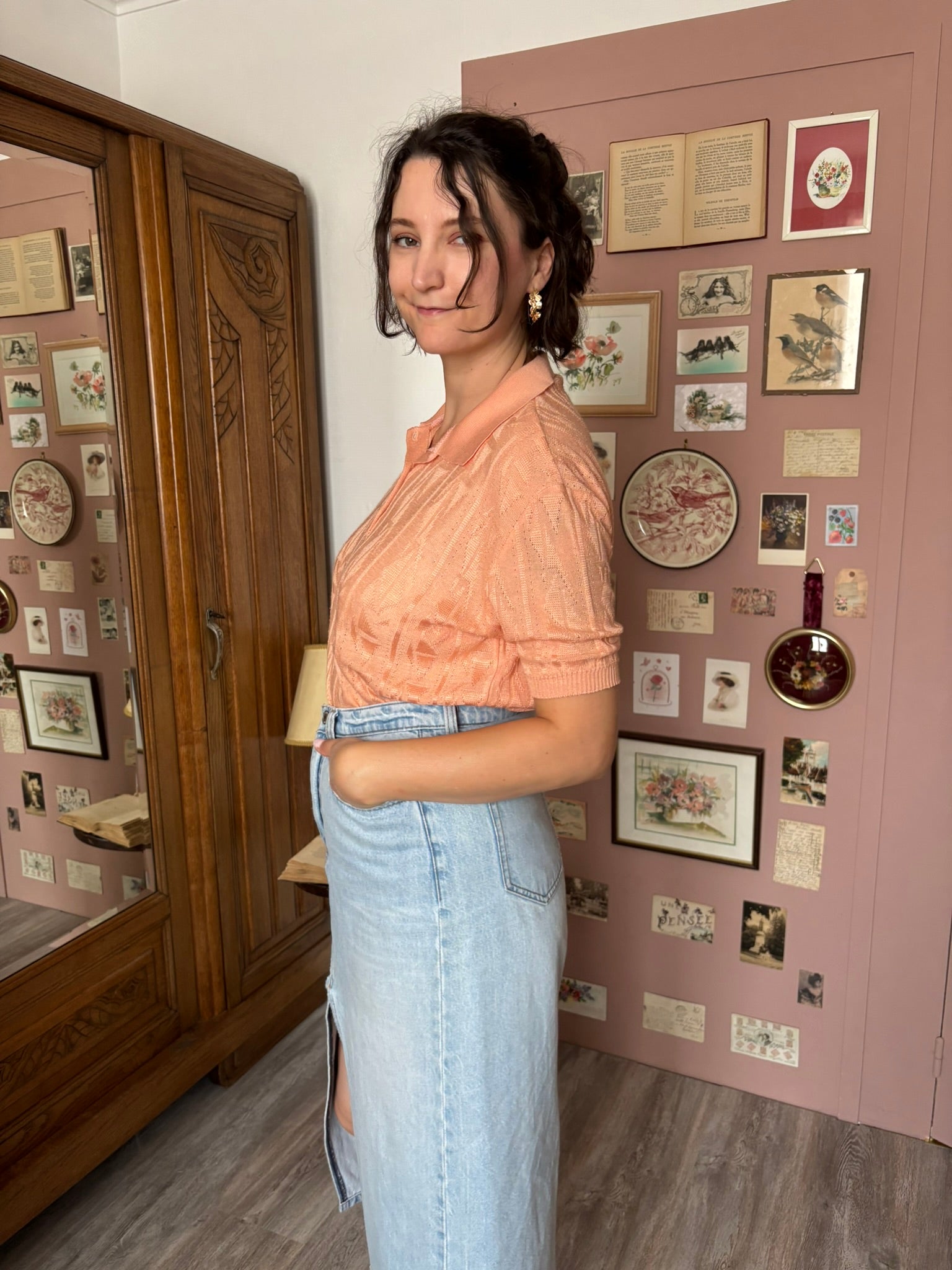 Vintage peach open knit polo shirt - Size 40/42 - 80s/90s