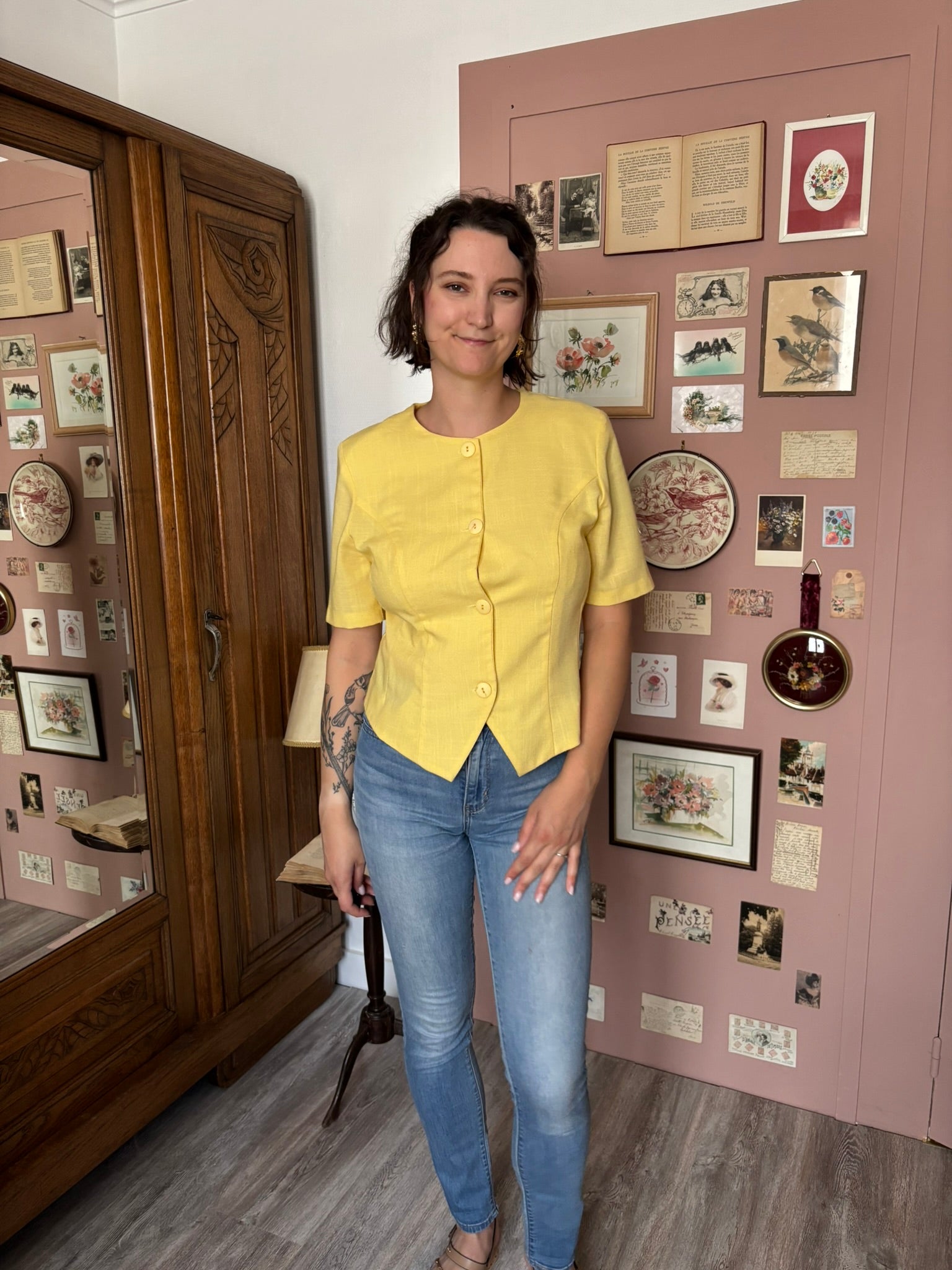 Vintage pastel yellow button-up jacket – Size M - 90s
