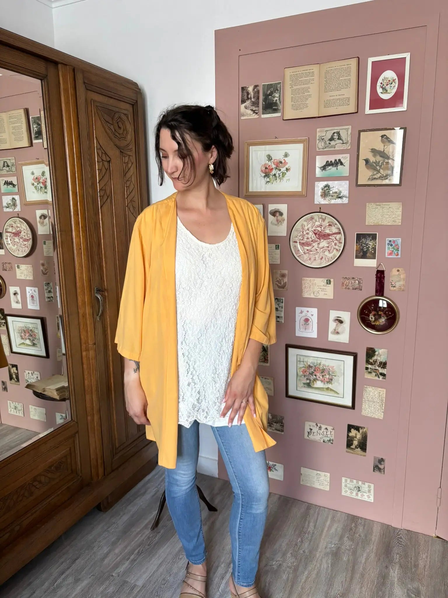 Tunique vintage orange pastel 2-en-1 avec top dentelle intégré – T.48/50  -Années 2000