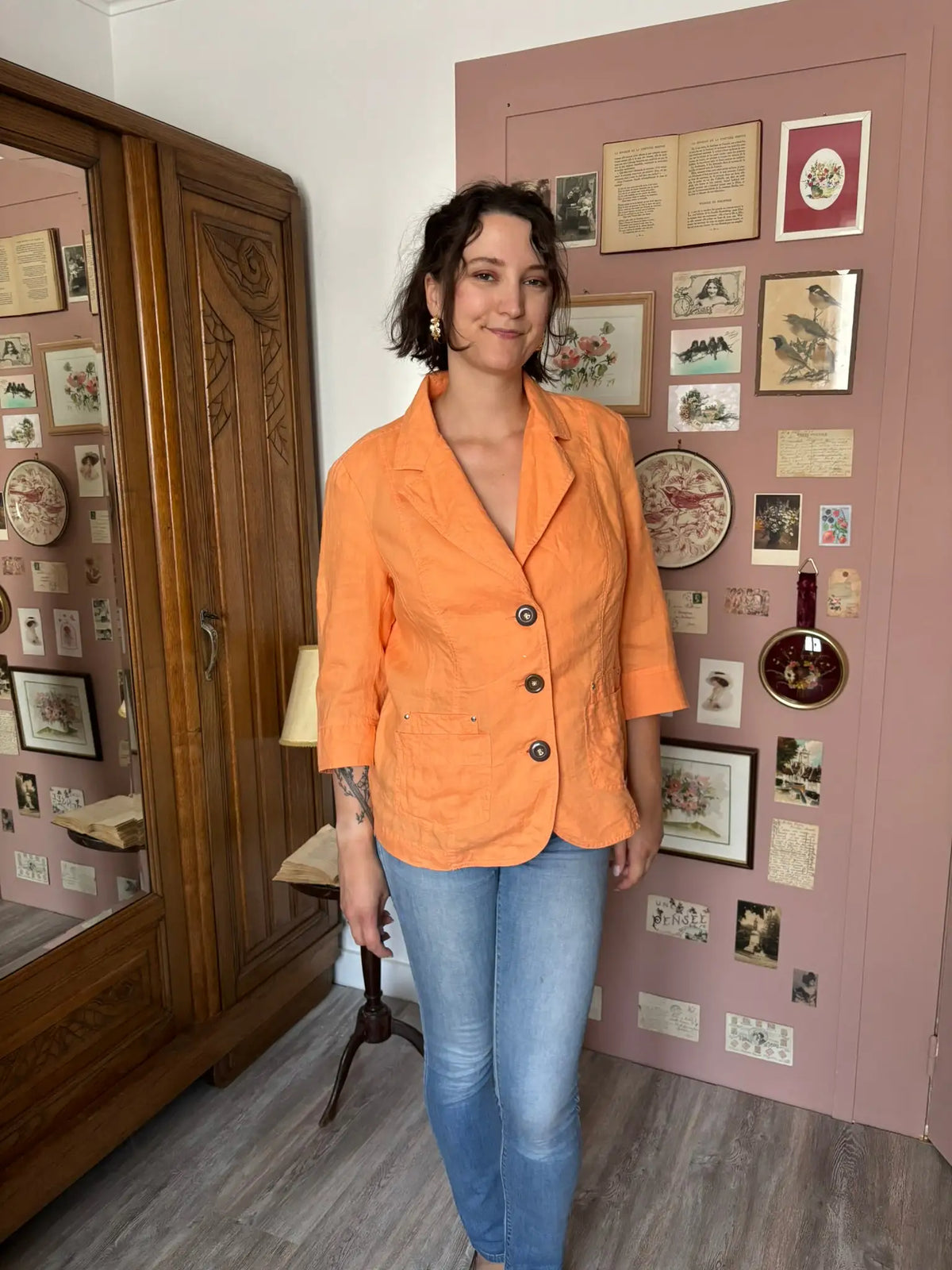 Chemise en lin vintage orange abricot CANDA – 100 % lin – T. 42/44 - Années 90/2000