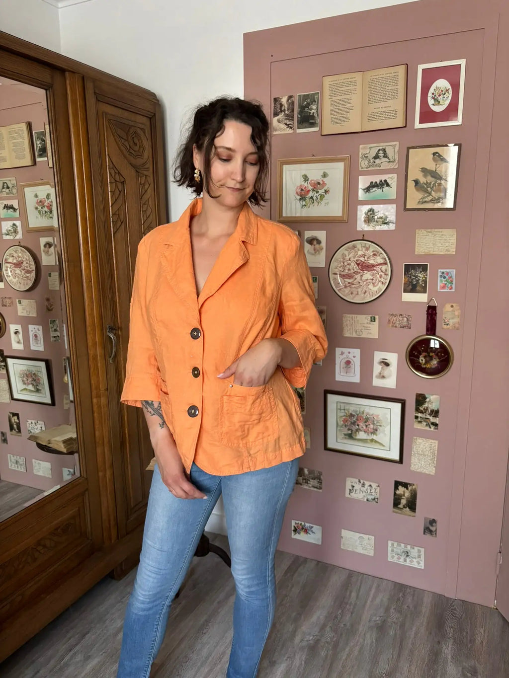 CANDA apricot orange vintage linen shirt – 100% linen – Size 42/44 - 90s/2000s