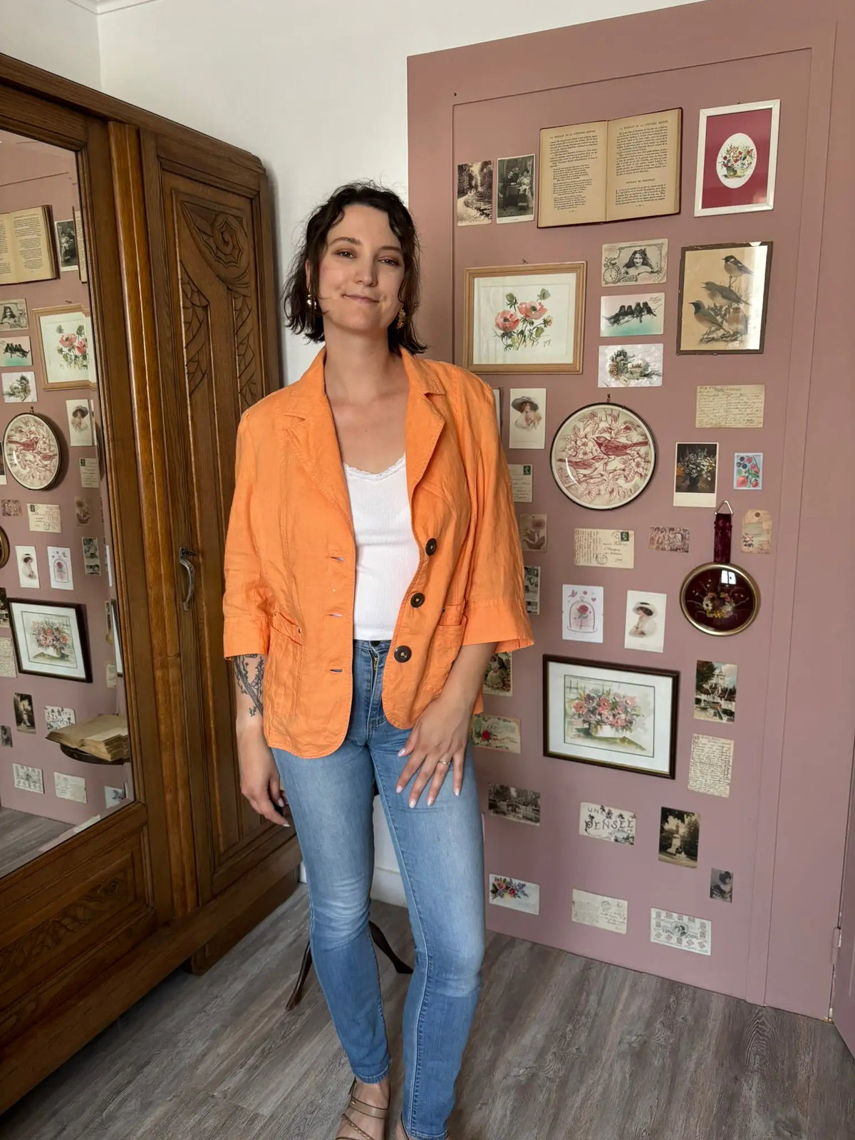 Chemise en lin vintage orange abricot CANDA – 100 % lin – T. 42/44 - Années 90/2000