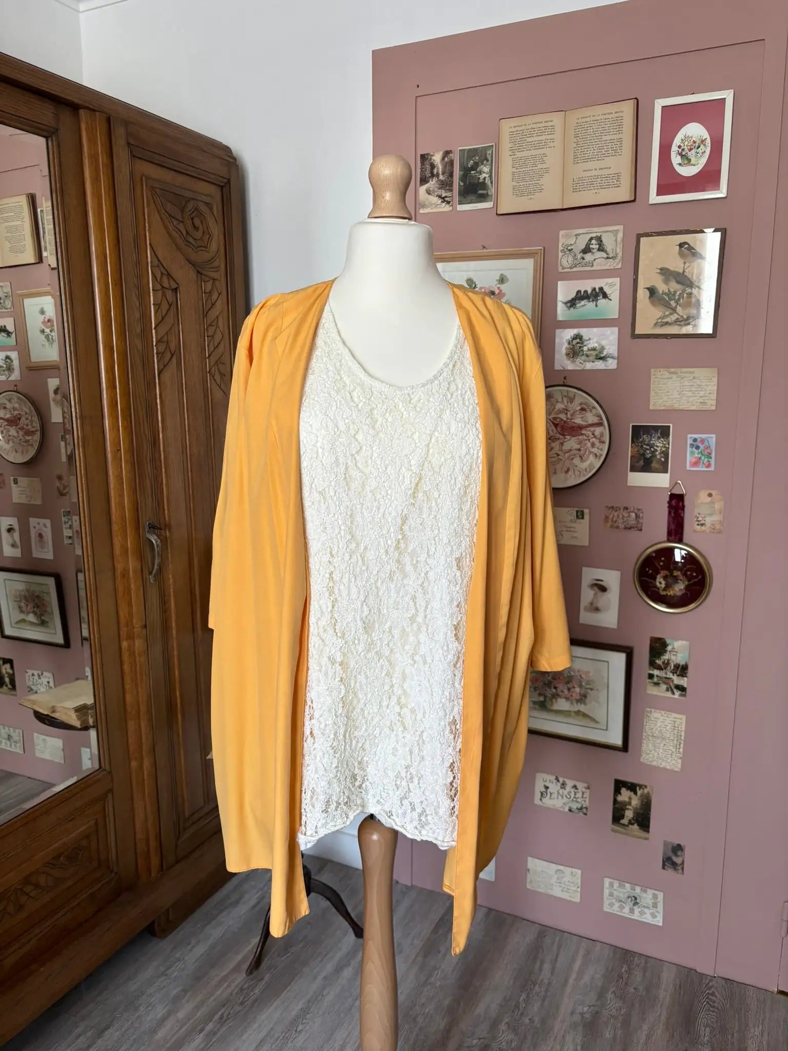 Tunique vintage orange pastel 2-en-1 avec top dentelle intégré – T.48/50  -Années 2000