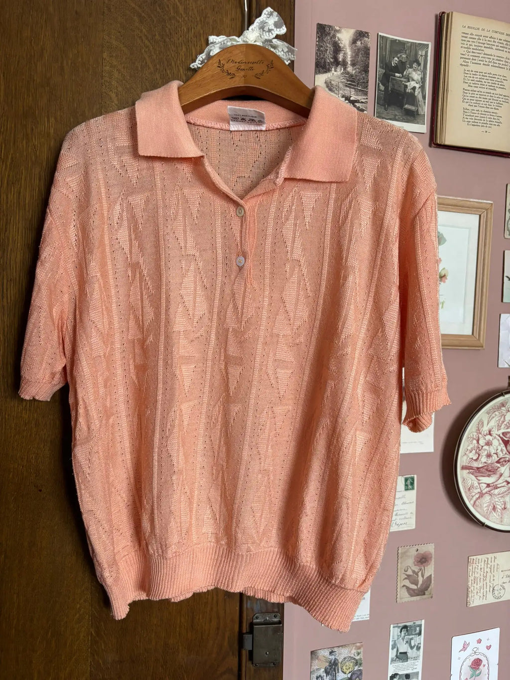 Polo vintage en maille ajourée pêche – T.40/42 - Années 80/90