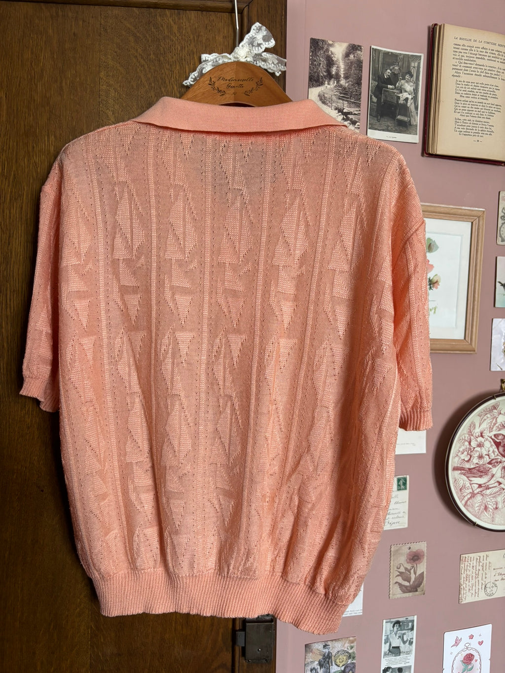 Vintage peach open knit polo shirt - Size 40/42 - 80s/90s