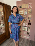 Robe vintage imprimé abstrait bleu & violet – T. 50/52 – Années 90