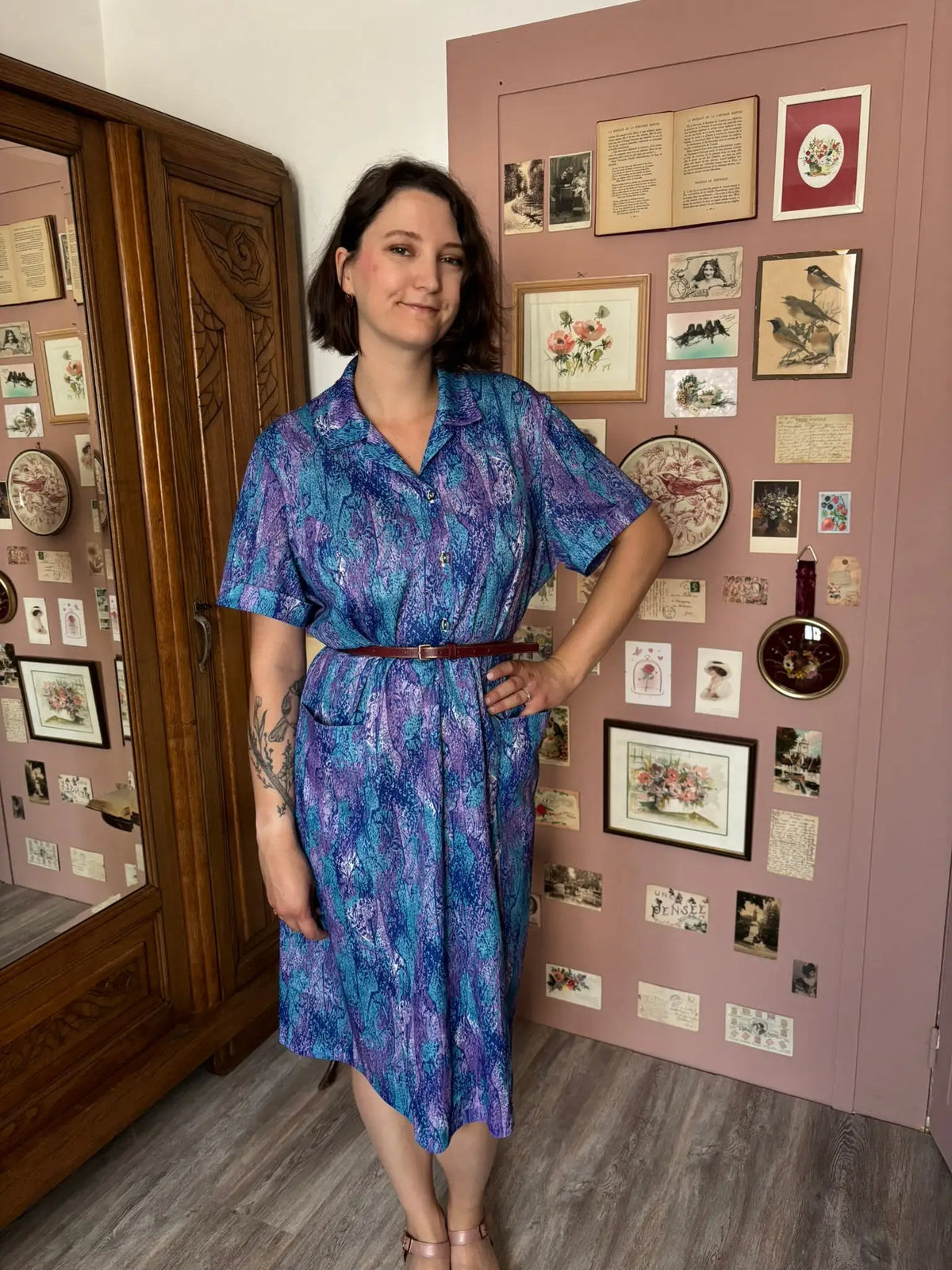 Robe vintage imprimé abstrait bleu & violet – T. 50/52 – Années 90