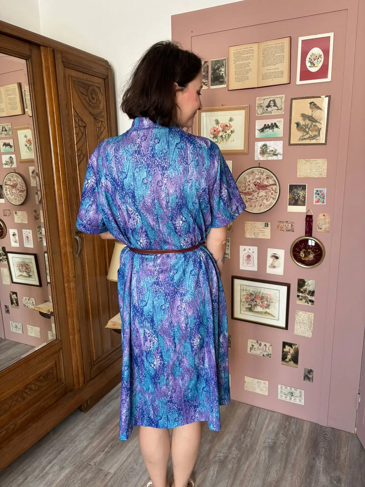 Robe vintage imprimé abstrait bleu & violet – T. 50/52 – Années 90