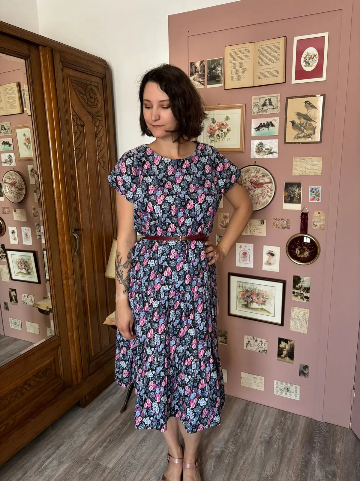 Robe vintage fleurie rose & bleue – Taille 44 – Années 80/90