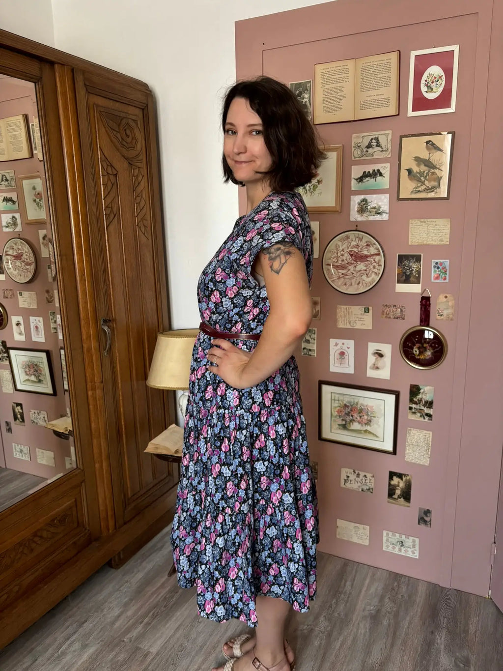 Robe vintage fleurie rose & bleue – Taille 44 – Années 80/90