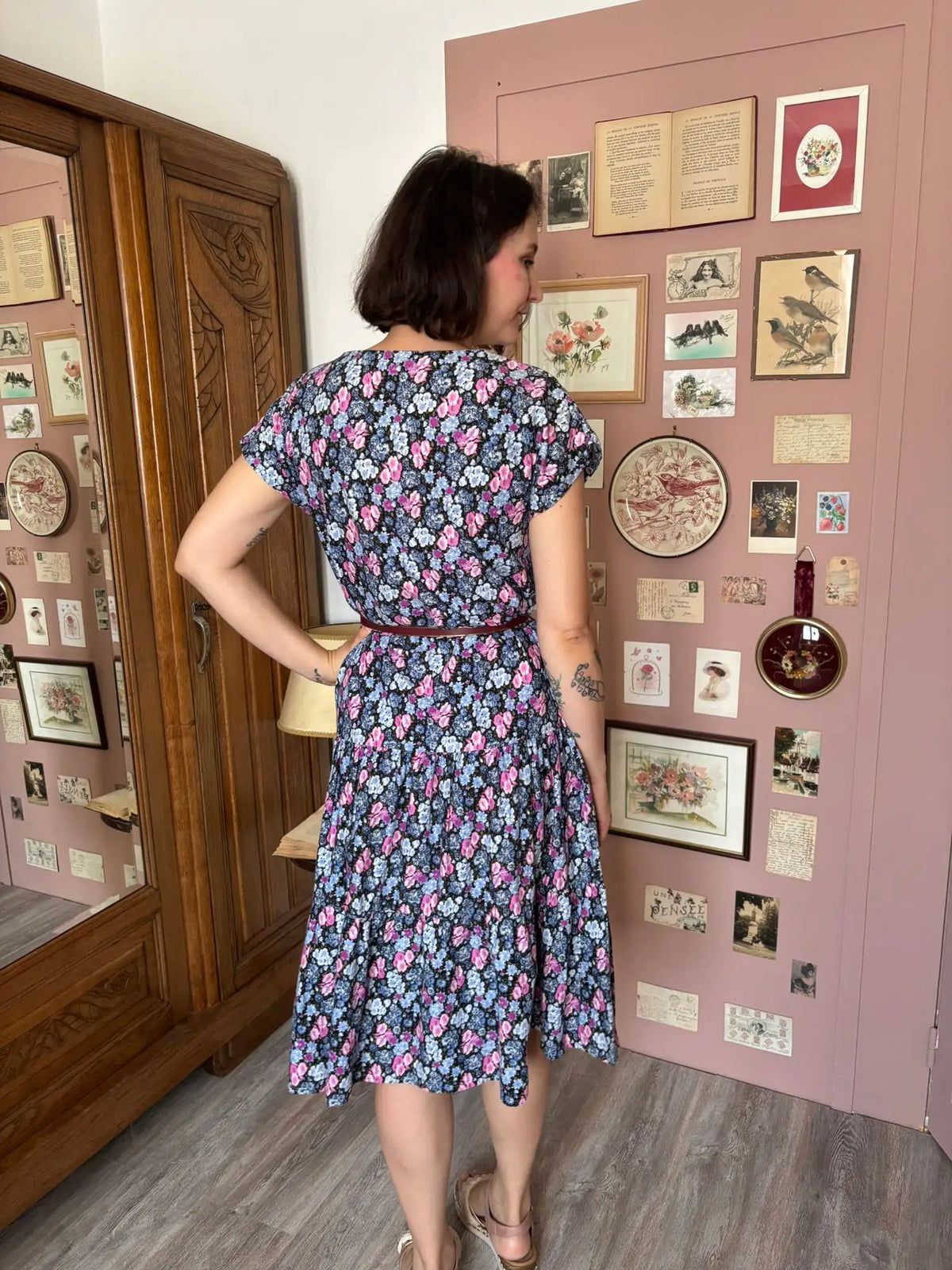 Robe vintage fleurie rose & bleue – Taille 44 – Années 80/90