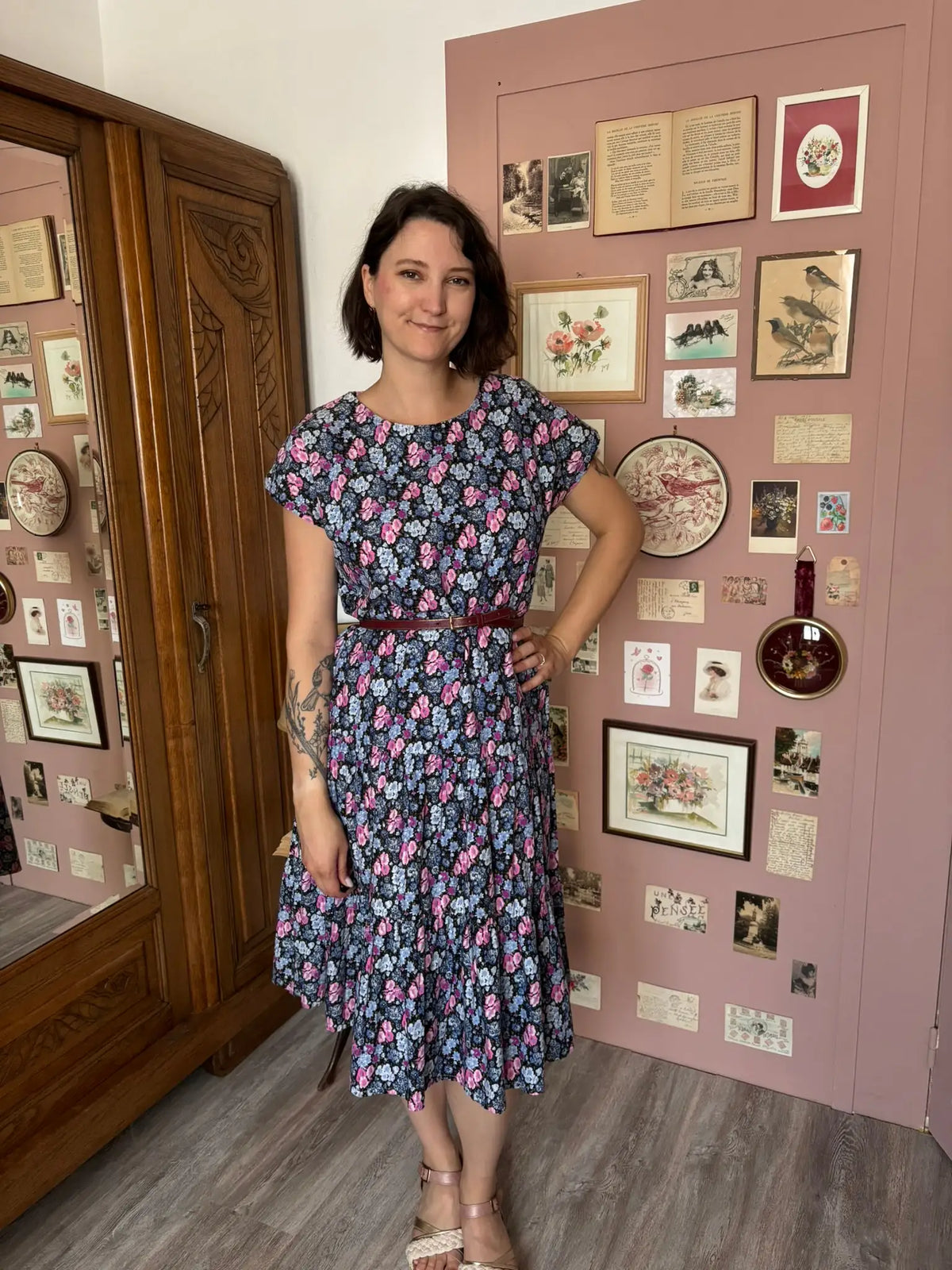 Robe vintage fleurie rose & bleue – Taille 44 – Années 80/90