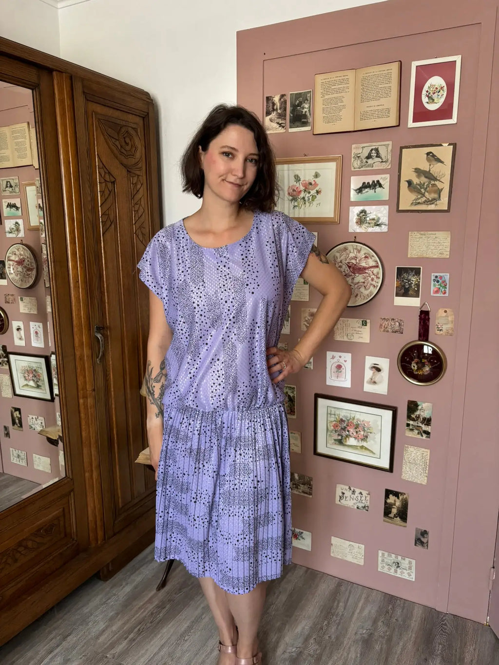 Robe plissée satinée lavande – Vintage – T.42/44– Années 80/90