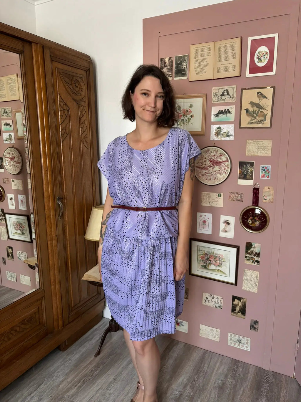 Robe plissée satinée lavande – Vintage – T.42/44– Années 80/90