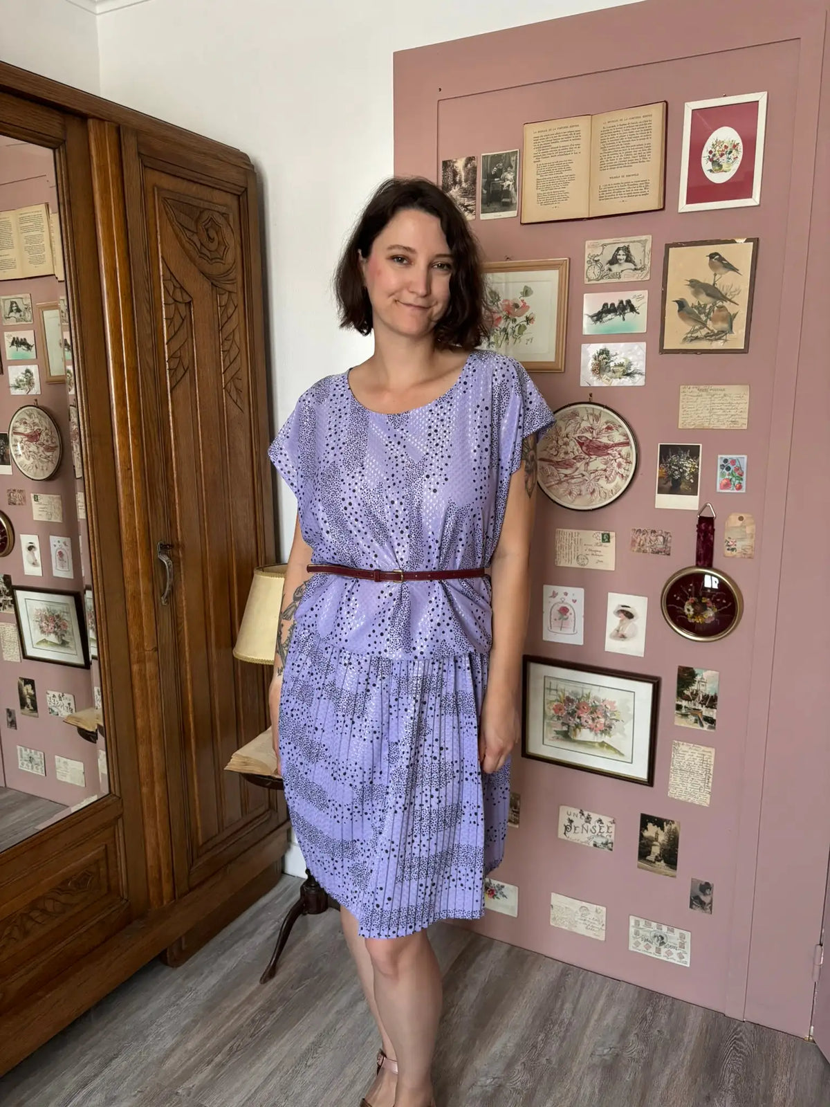 Robe plissée satinée lavande – Vintage – T.42/44– Années 80/90