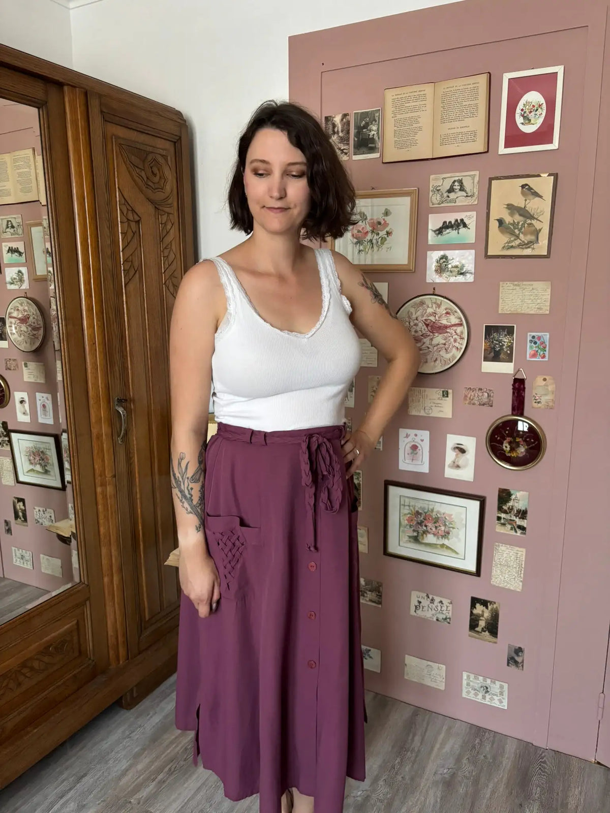 Jupe midi prune à taille ajustable – T.40/42 – Vintage années 90