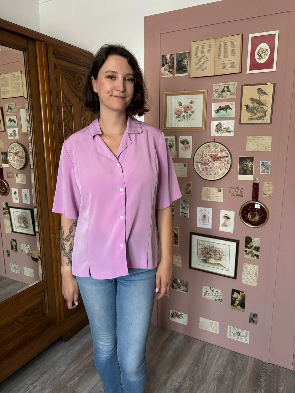 Chemisier fluide lilas satiné Gevana – T.44 – Vintage années 90