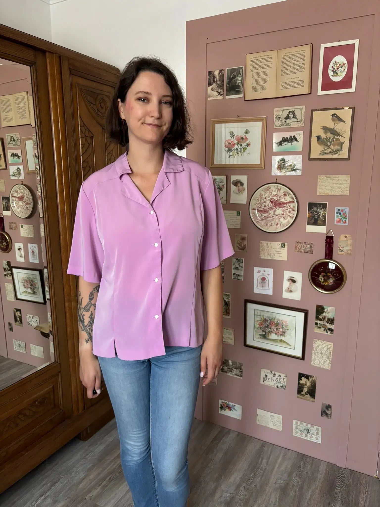 Chemisier fluide lilas satiné Gevana – T.44 – Vintage années 90