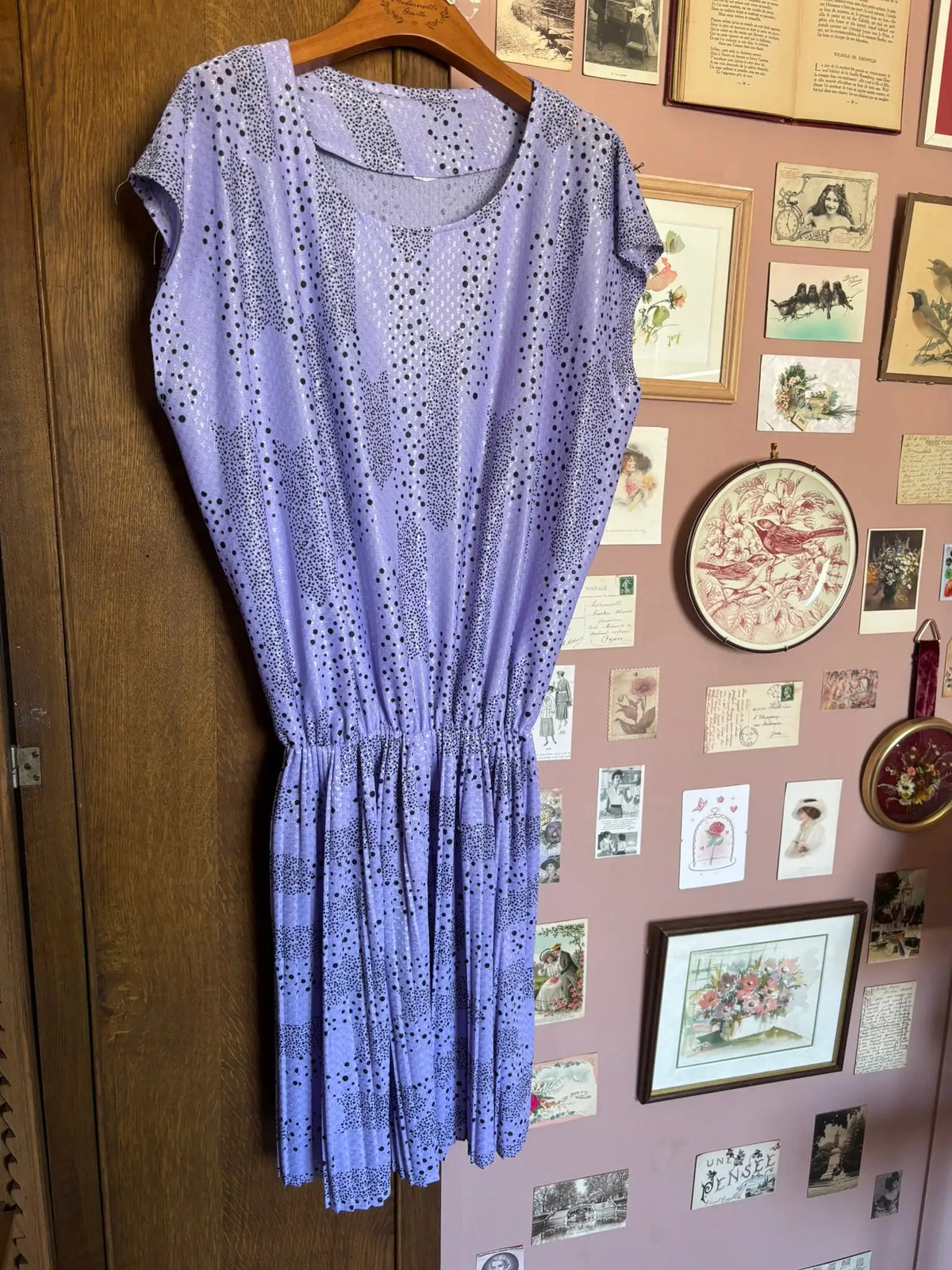Robe plissée satinée lavande – Vintage – T.42/44– Années 80/90
