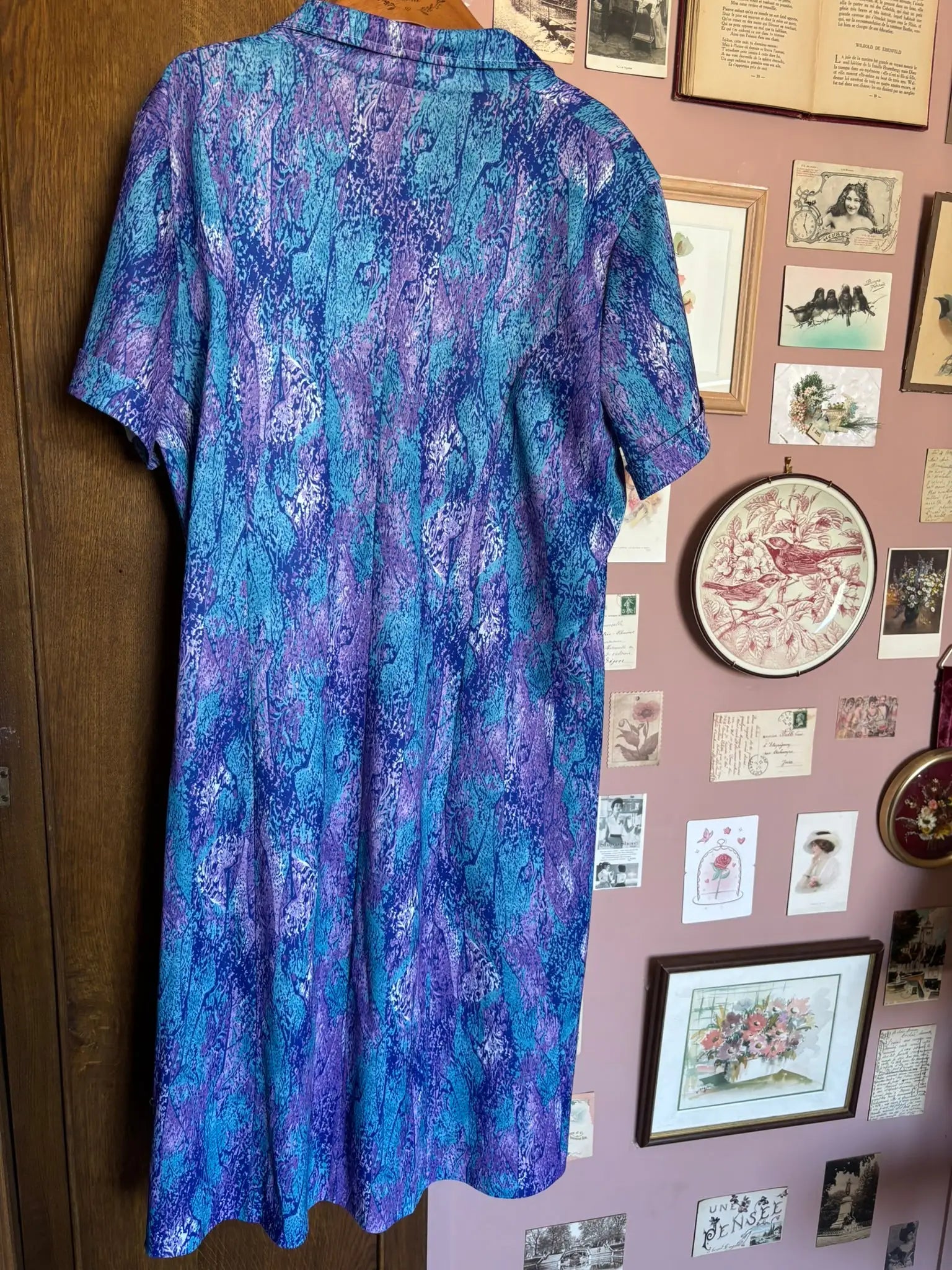 Robe vintage imprimé abstrait bleu & violet – T. 50/52 – Années 90
