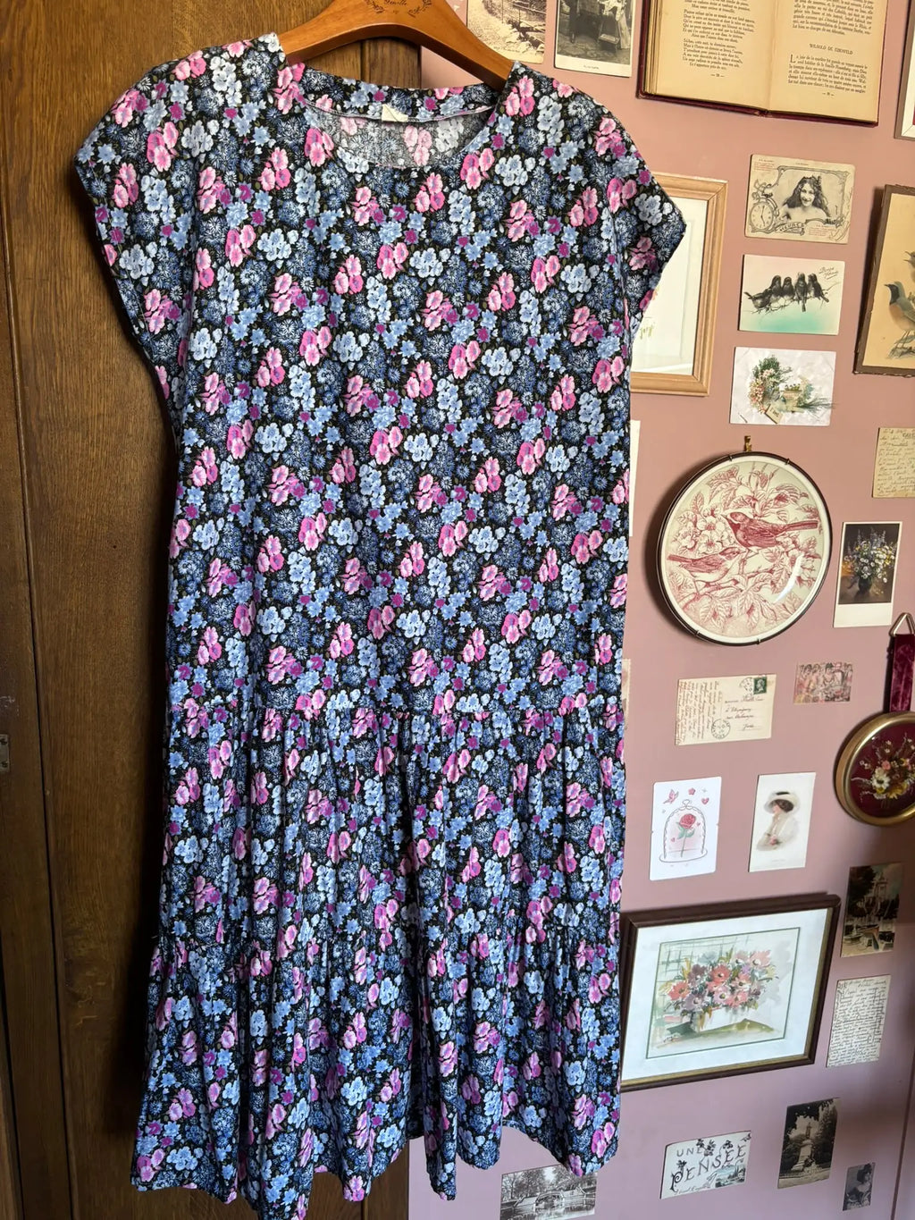 Robe vintage fleurie rose & bleue – Taille 44 – Années 80/90