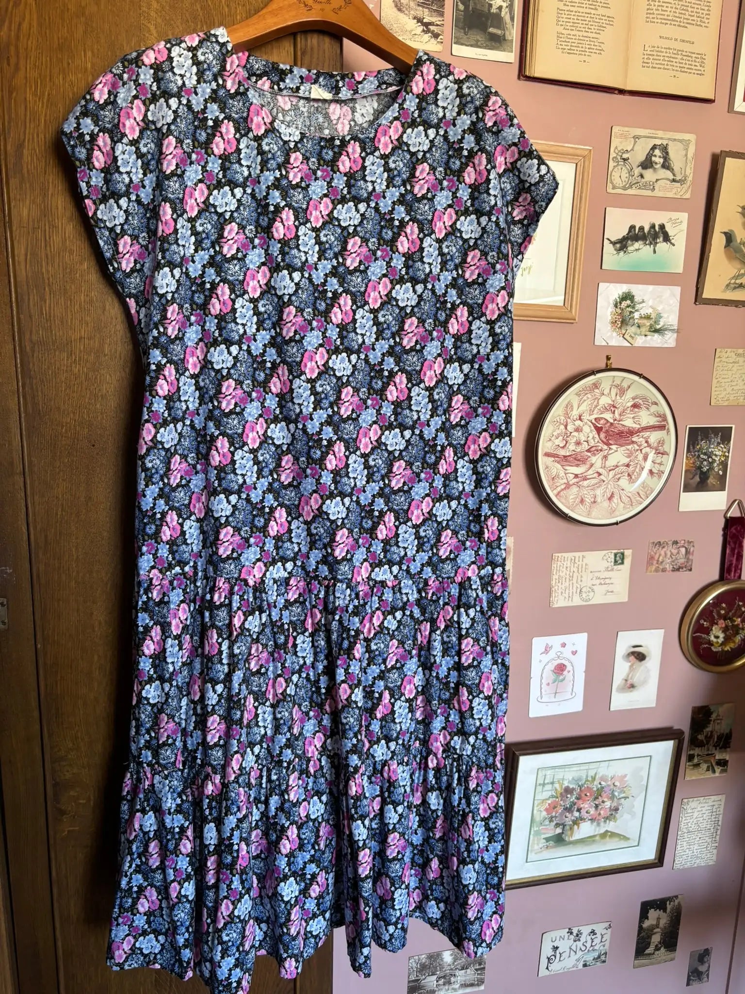 Robe vintage fleurie rose & bleue – Taille 44 – Années 80/90