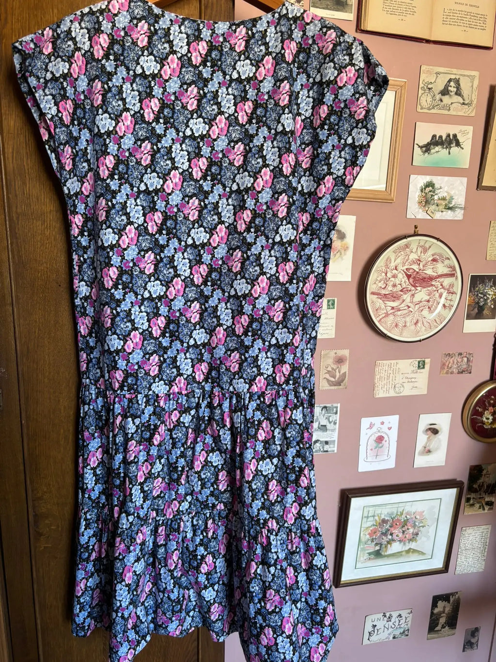 Robe vintage fleurie rose & bleue – Taille 44 – Années 80/90