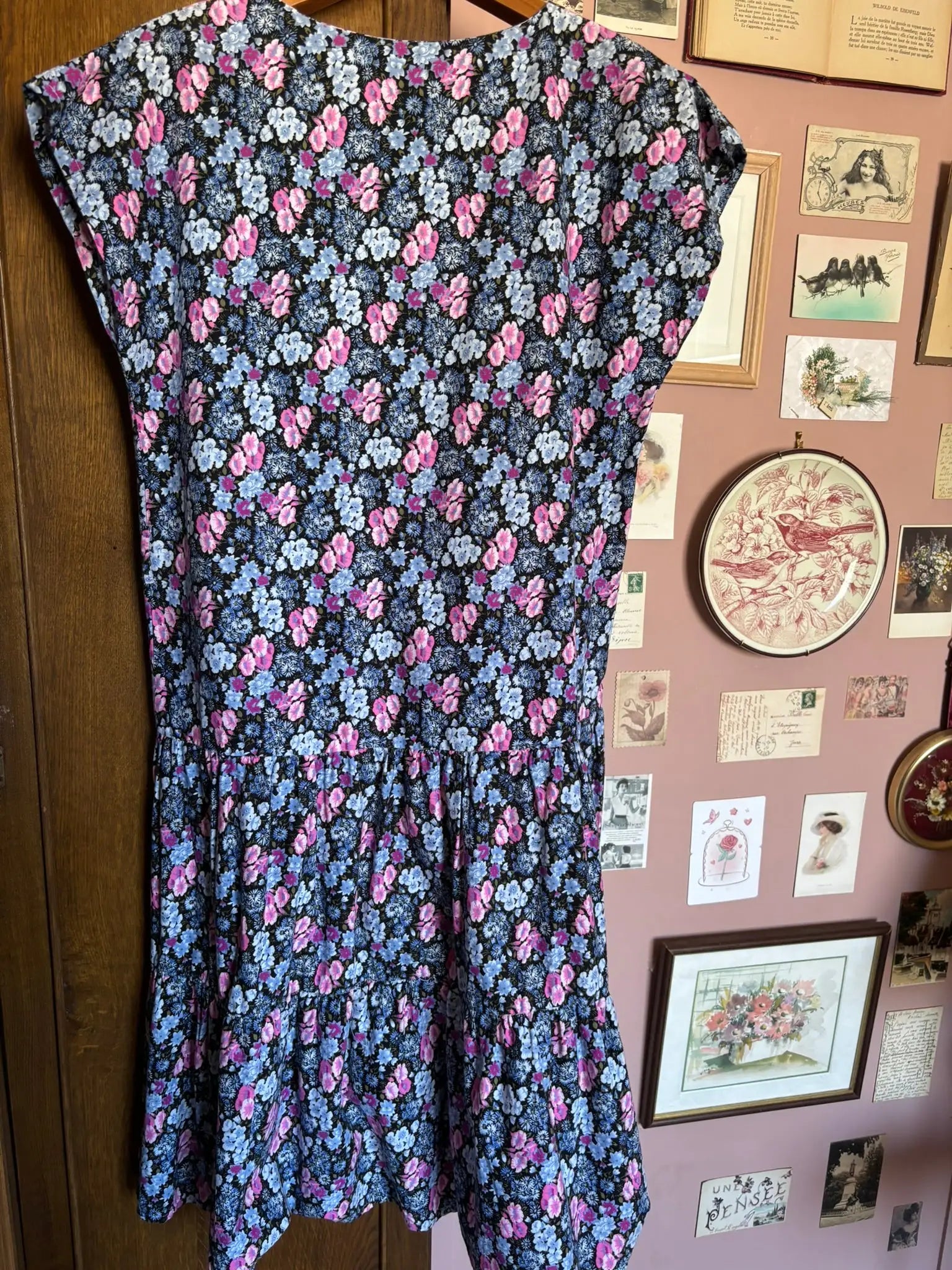 Robe vintage fleurie rose & bleue – Taille 44 – Années 80/90