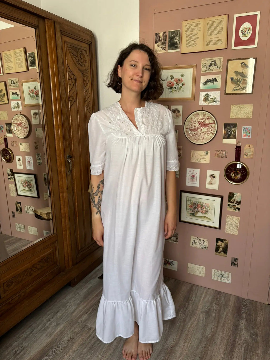 Chemise de nuit longue blanche brodée – T.38/40 – Vintage années 80