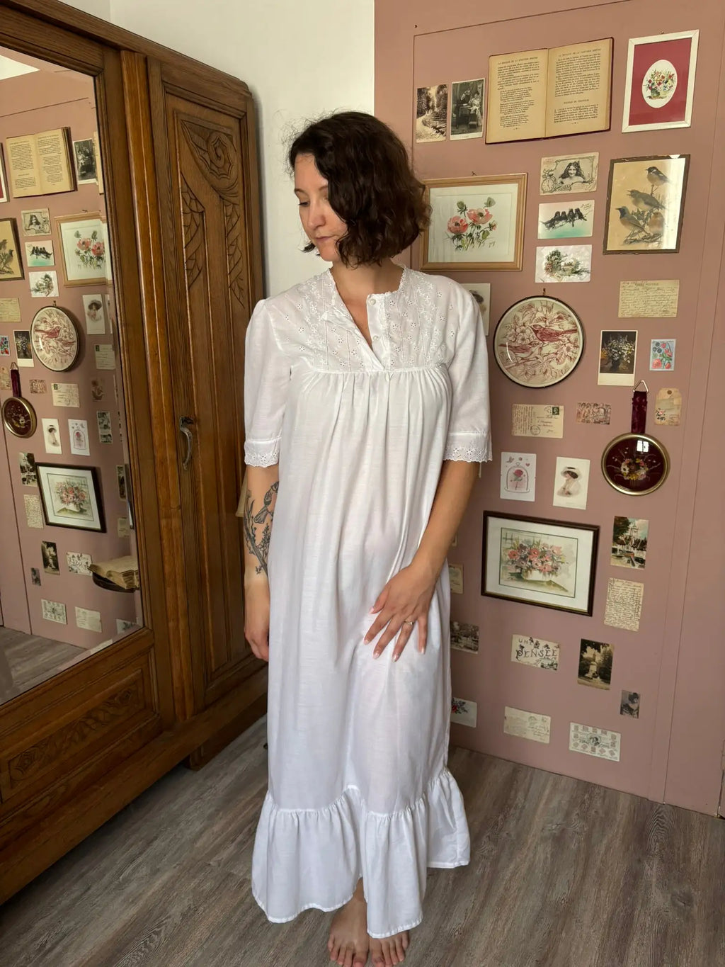 Chemise de nuit longue blanche brodée – T.38/40 – Vintage années 80