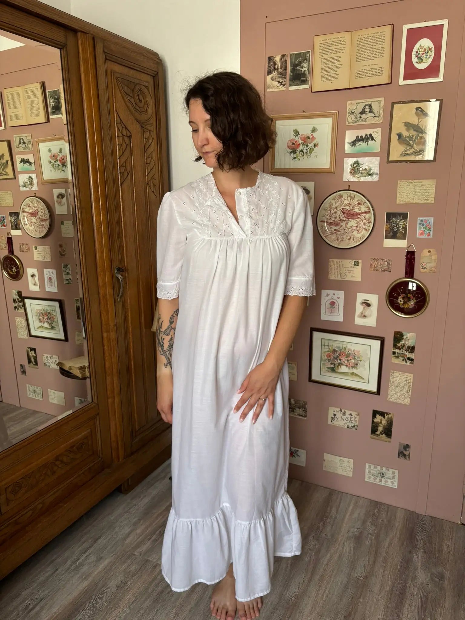 Chemise de nuit longue blanche brodée – T.38/40 – Vintage années 80