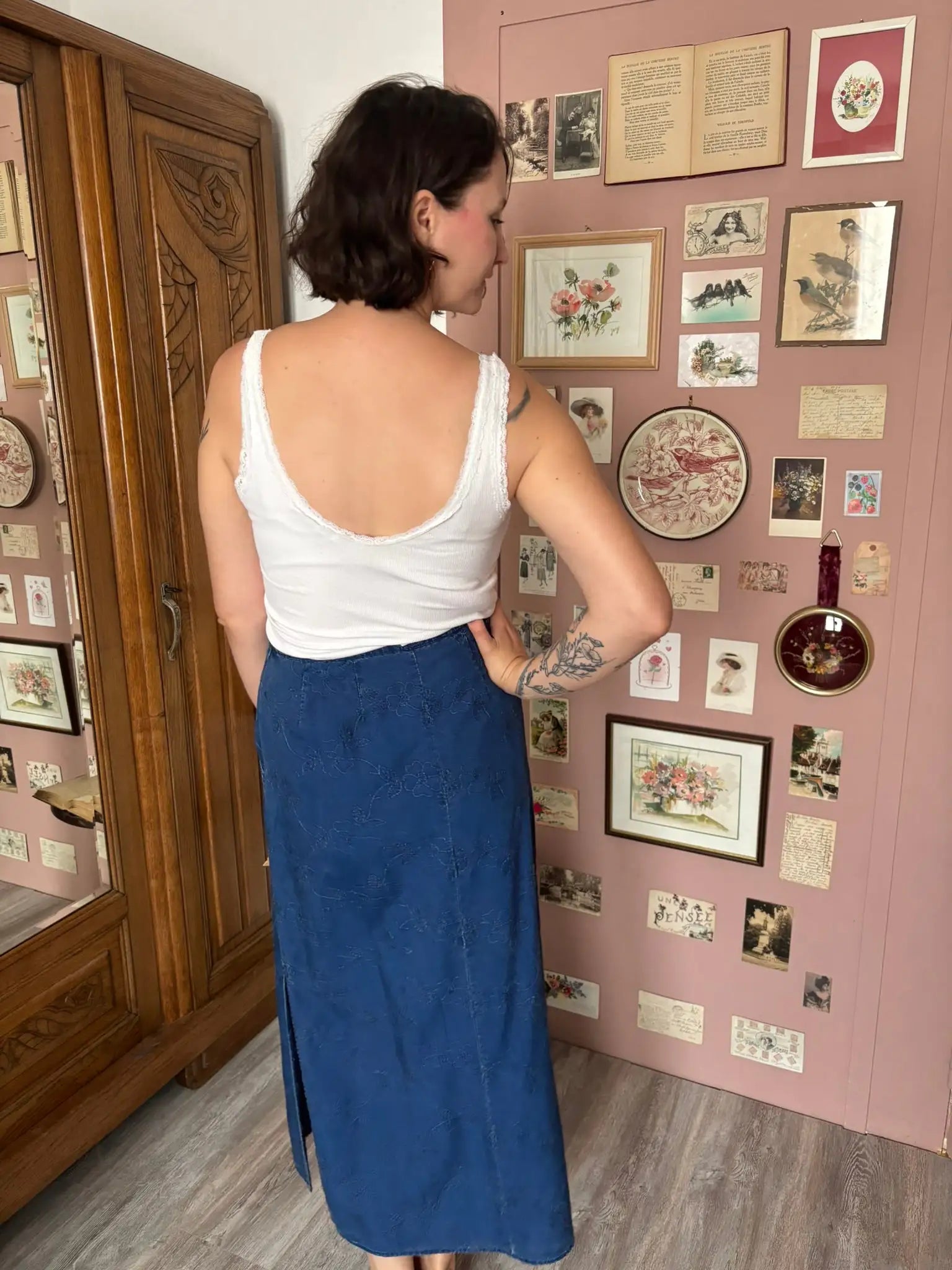 Jupe longue bleu denim brodée – Bleu de Sym  T.40/42 – Années 2000
